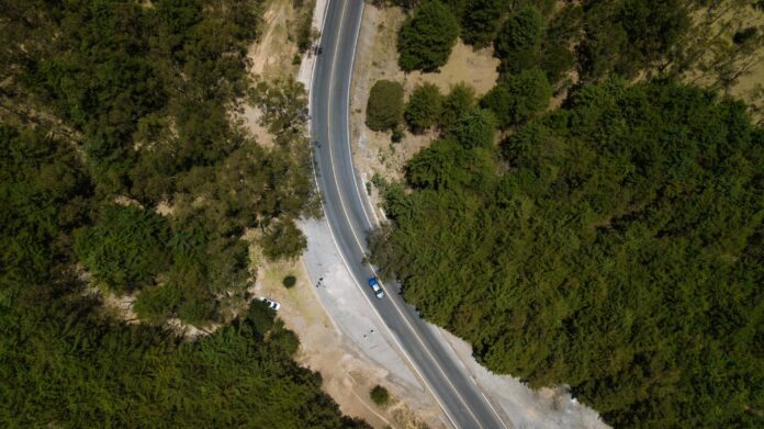 Drone shot of a winding road cutting through lush greenery in San Luis Potosí, Mexico.